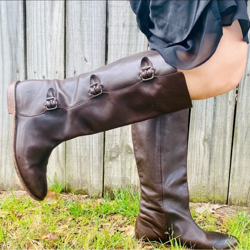 Frye Paige Buckle Brown Leather Knee-High Boots